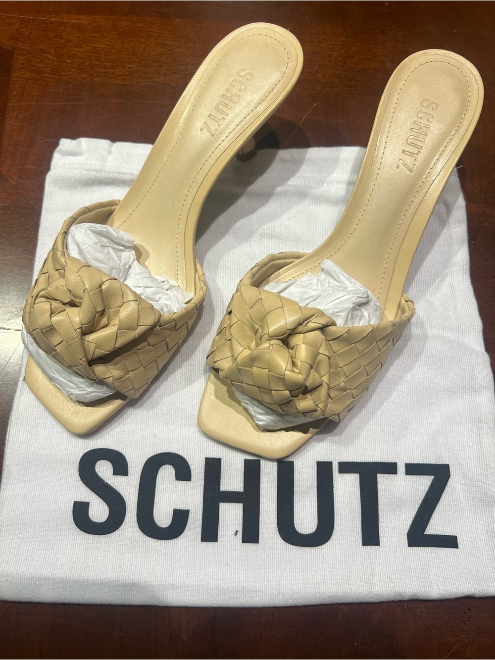 SCHUTZ Beige Braided Knot Slide Sandals